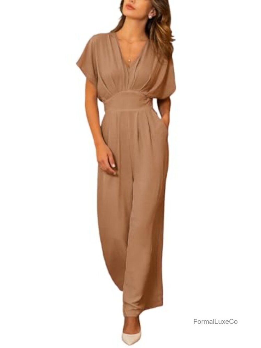 Batwing Sleeve Tie Back V Neck Wide Leg Jumpsuit with Pockets